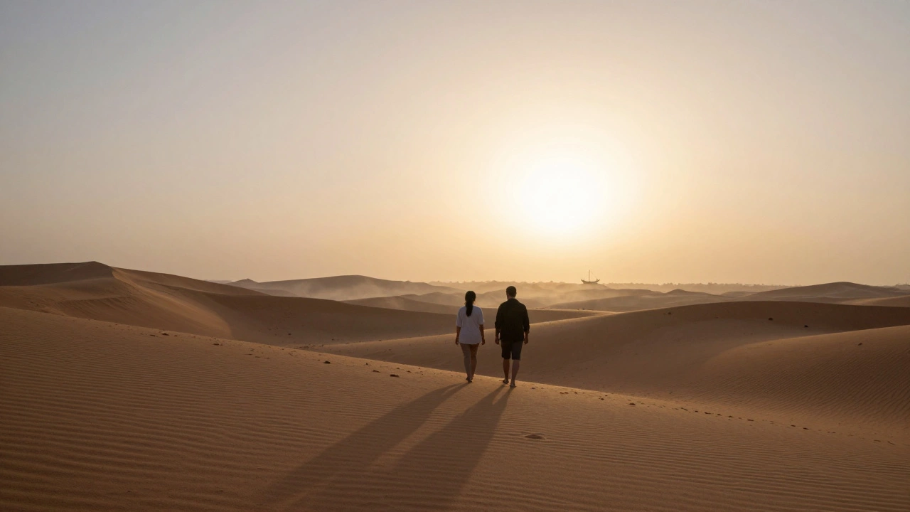 A couple walking peacefully on desert dunes at dawn, golden light casting long shadows.