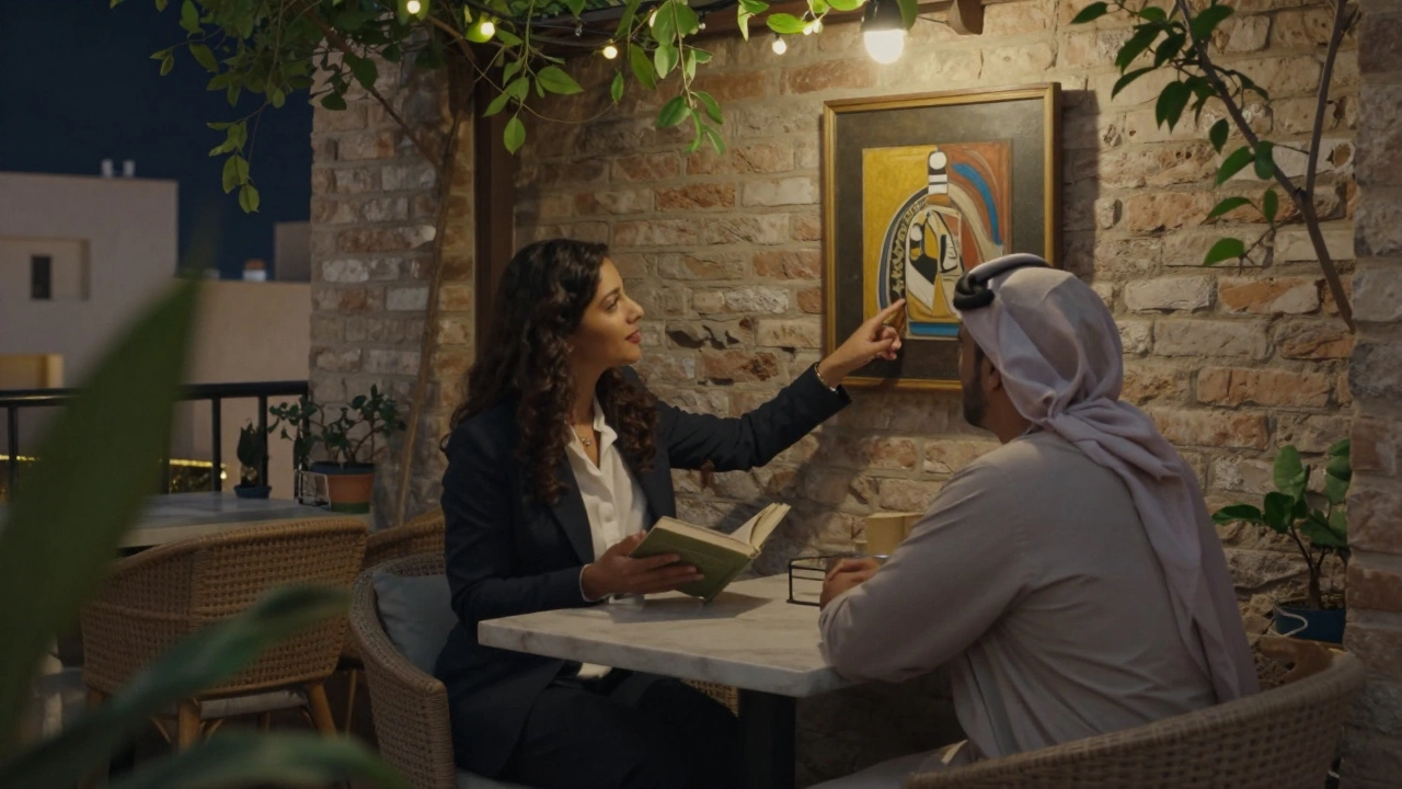 A woman pointing to Emirati art in a cozy rooftop café, client listening intently.