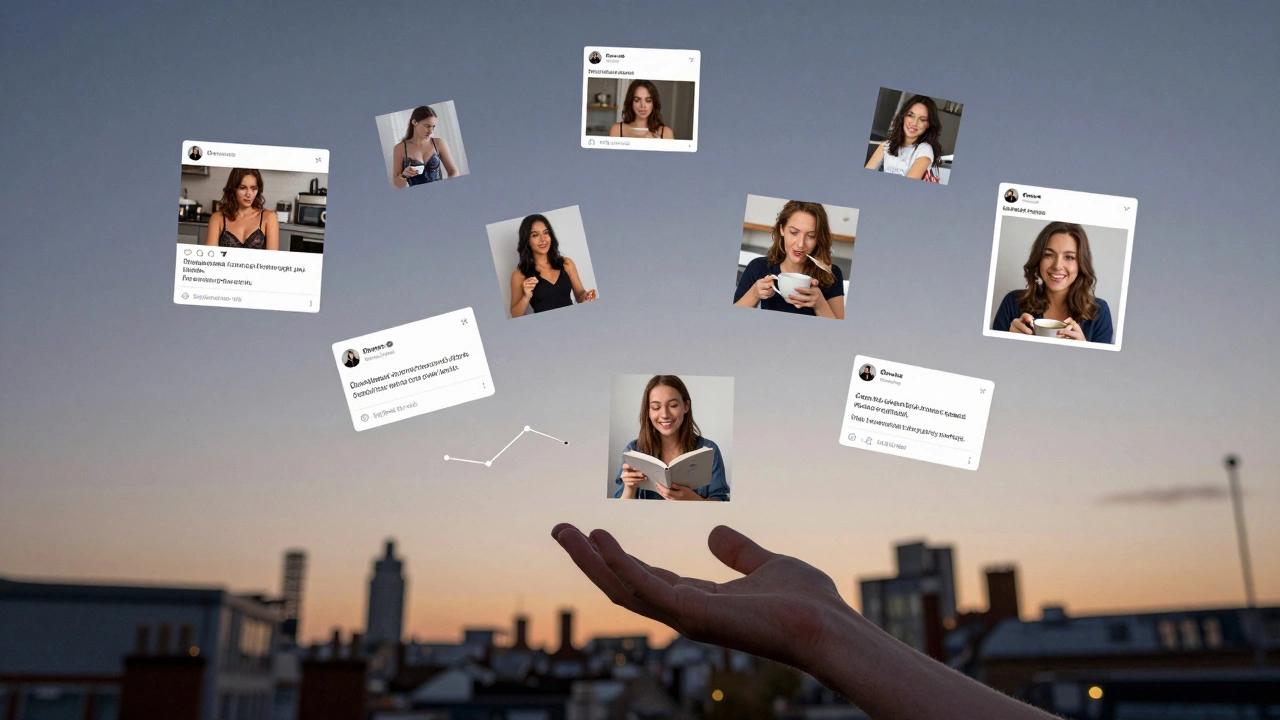 Floating digital images evolve from sexualized poses to candid life moments, symbolizing the reclamation of identity and dignity.