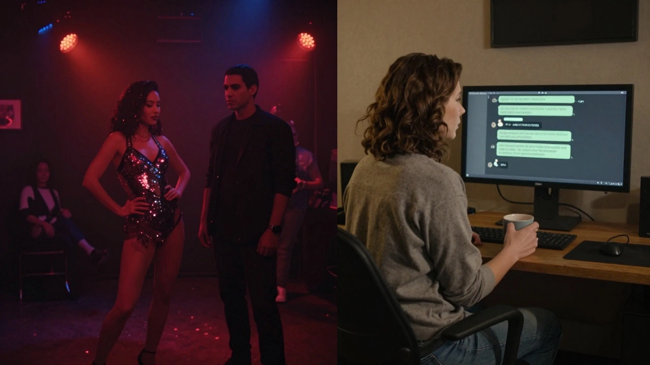 Split-screen contrast: a 1990s strip club on one side, a modern home stream setup on the other, showing the evolution of sex work.